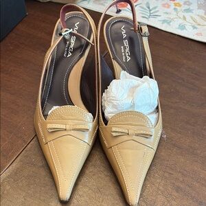 Via Spiga “Brittany” Tan Kitten Heel Slingbacks